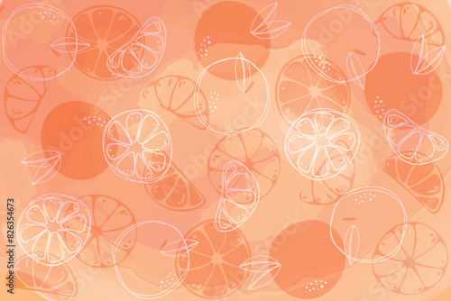 Bright light pattern with Fresh oranges watercolor for fabric, drawing labels, print on t-shirt, wallpaper of children's room, fruit background. Slices of orange doodle style cheerful background