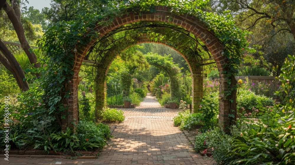 Lush garden with brick arches, vibrant greenery, and walkways Lush garden with brick arches, vibrant greenery, and walkways