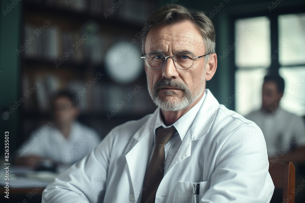 Portrait of happy middle aged male teacher smiling at the camera in classroom generative AI Portrait of happy middle aged male teacher smiling at the camera in classroom generative AI