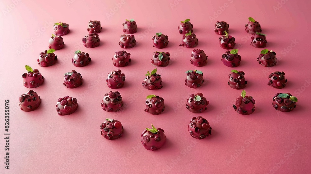 A cluster of raspberries arranged on a pink table near one another on a pink background A cluster of raspberries arranged on a pink table near one another on a pink background