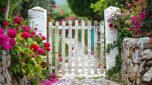 Charming white picket fence gate surrounded by colorful flowers photo