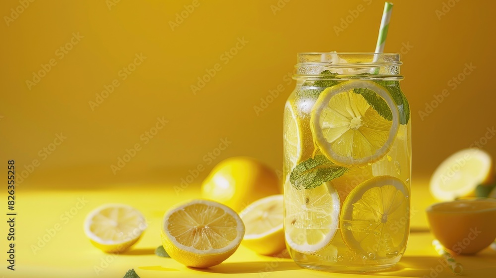 Refreshing lemonade with lemon slices in mason jar, surrounded by lemons Refreshing lemonade with lemon slices in mason jar, surrounded by lemons