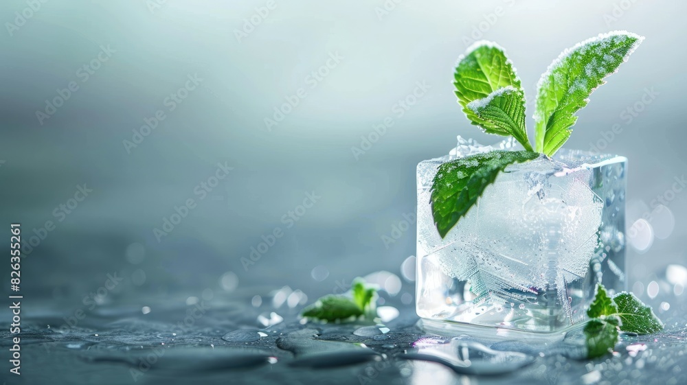 Ice cube with mint leaves and water droplets on reflective surface Ice cube with mint leaves and water droplets on reflective surface