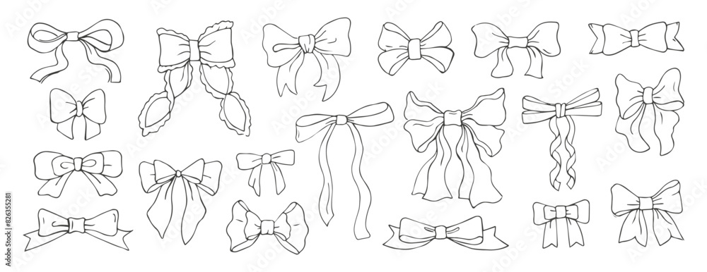Set of various bow knots, tie ups, gift ribbons. Hand Bow knots, tie ups, gift ribbons. Gift bows, doodle style. Festive decoration, invitation elements, packaging for sale shopping, wedding design
