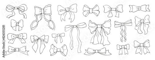 Set of various bow knots, tie ups, gift ribbons. Hand Bow knots, tie ups, gift ribbons. Gift bows, doodle style. Festive decoration, invitation elements, packaging for sale shopping, wedding design
