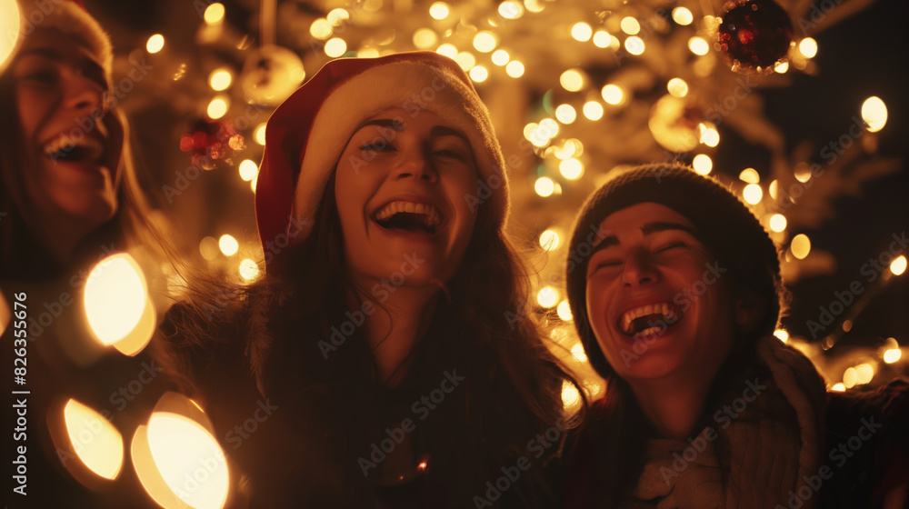 Group of joyful friends with Santa hats celebrating Christmas with sparkling tree lights in the background Group of joyful friends with Santa hats celebrating Christmas with sparkling tree lights in the background