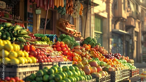 stand de vendeur de fruits et l    gumes sur un march     - fond 