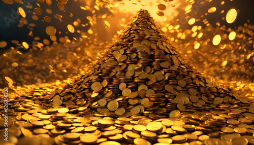 Mountain of yellow shiny gold coins, pile of golden precious metal currency of financial growth, symbol of wealth finance rich economy growth money photo