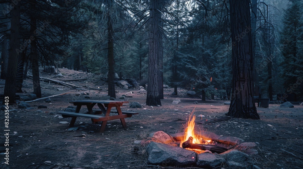 A wooden picnic table sits in a forest clearing next to a campfire. The fire is surrounded by a ring of rocks. A wooden picnic table sits in a forest clearing next to a campfire. The fire is surrounded by a ring of rocks.