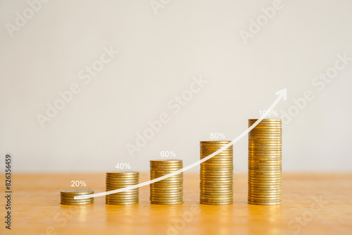 Stack of golden money coins on a rising financial graph showing investment growth and wealth. Business and financial background concept. 