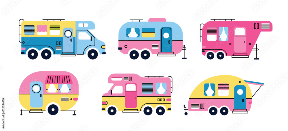 Set of colorful cartoon campers RV. Road home Trailers. Camping caravan cars. Mobile home for country and nature vacation. Set of four Hand drawn Vector illustrations Set of colorful cartoon campers RV. Road home Trailers. Camping caravan cars. Mobile home for country and nature vacation. Set of four Hand drawn Vector illustrations