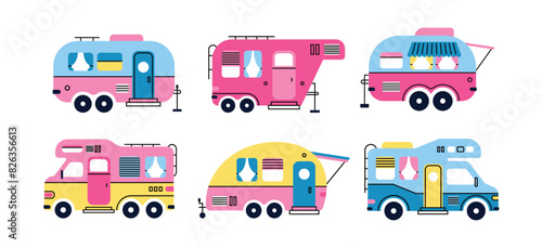 Set of colorful cartoon campers RV. Road home Trailers. Camping caravan cars. Mobile home for country and nature vacation. Set of four Hand drawn Vector illustrations