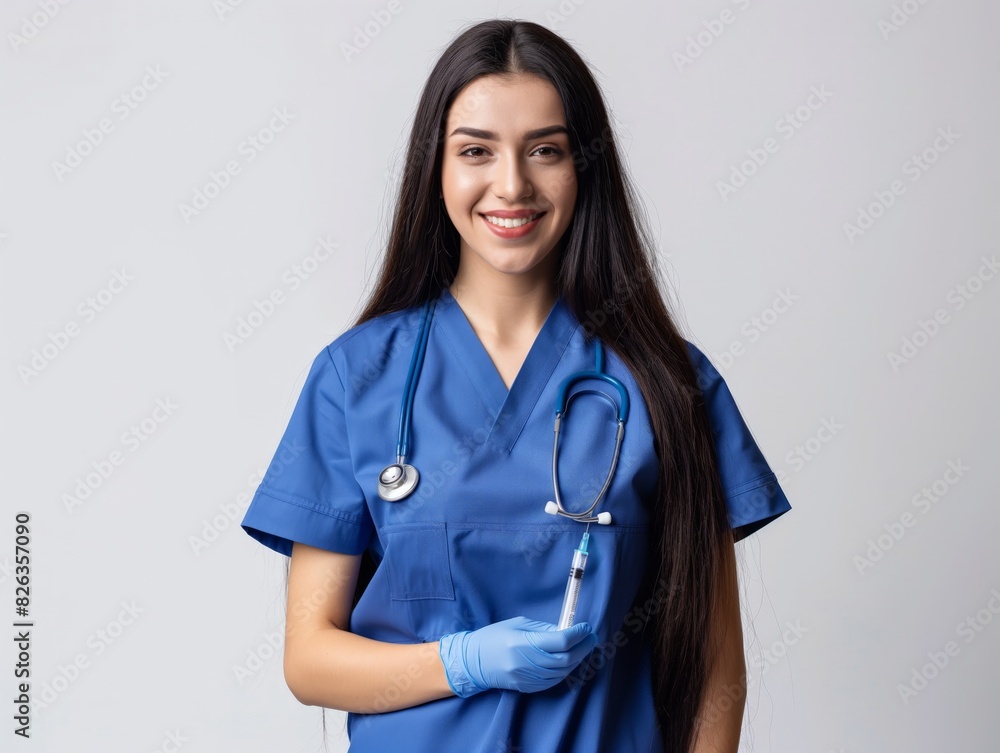 Smiling nurse in blue scrubs holding a syringe, symbolizing healthcare, vaccination, and medical care.