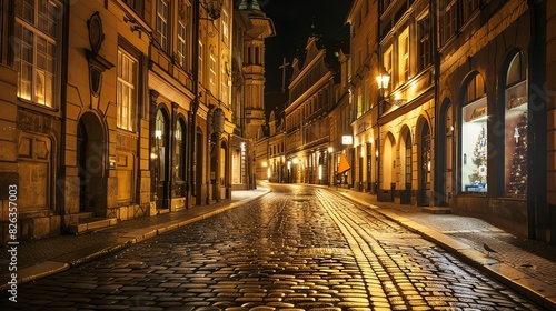 A beautiful narrow street with cobblestone pavement and old buildings with warm yellow lights in the windows at night.