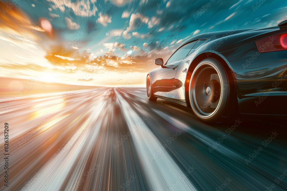 A sports car accelerating on a highway, captured from a low angle towards the front, with the car sharp and the road and landscape blurred to show speed.