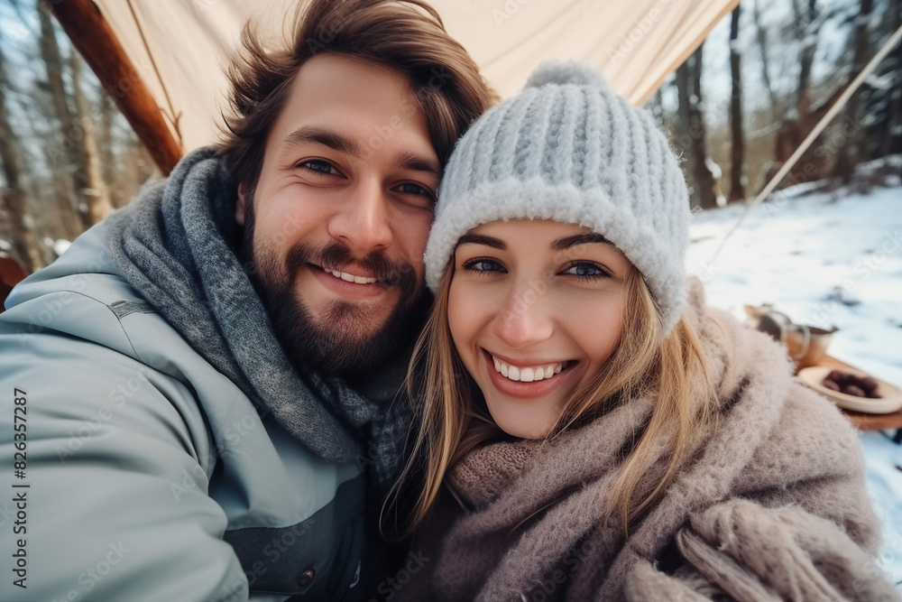 Generated with AI image of a smiling cheerful couple spending time winter picnic outdoors Generated with AI image of a smiling cheerful couple spending time winter picnic outdoors