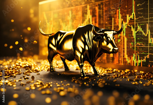 Golden solid big bull statue with gold nuggets and share market chart, shiny bright yellow bison represents profit on future finance, economy, growth photo