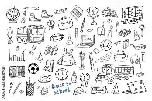 Large set of school icons. Back to school. Doodle style. Good for textile fabric design, wrapping paper, banner, posters, cards, stickers, professional design and website wallpapers. Hand drawn