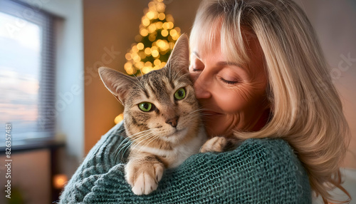 Woman Embracing Pet Cat at Home, real people authenticity, Generative AI.