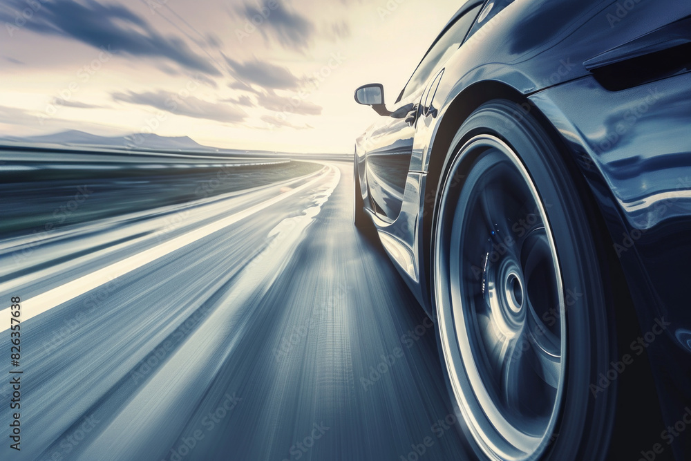 A sports car accelerating on a highway, captured from a low angle towards the front, with the car sharp and the road and landscape blurred to show speed. A sports car accelerating on a highway, captured from a low angle towards the front, with the car sharp and the road and landscape blurred to show speed.