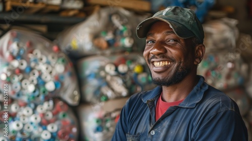 A plastic factory storehouse manager smiling proudly with his occupation. 