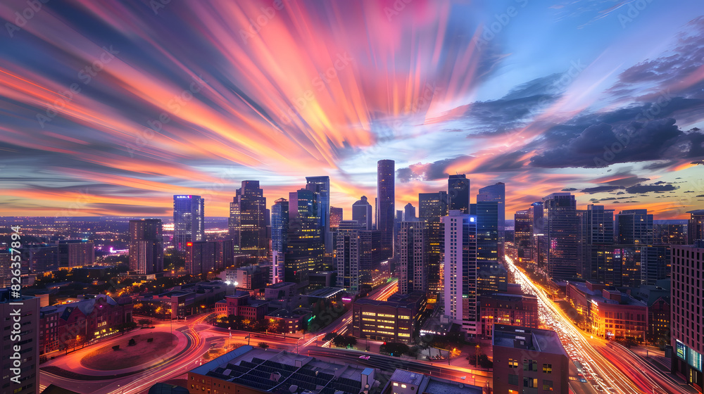 A city skyline at sunset with a bright orange sky A city skyline at sunset with a bright orange sky