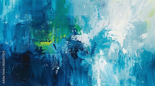 Abstract background with bold, overlapping brushstrokes in cool blues and greens, creating depth
