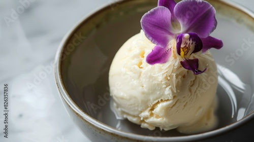 Elegant scoop of vanilla ice cream garnished with a vibrant orchid flower in a simple ceramic bowl.
 photo