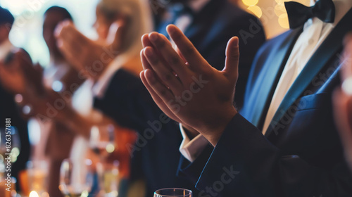 Well-dressed individuals applauding at a sophisticated evening event or formal gathering photo