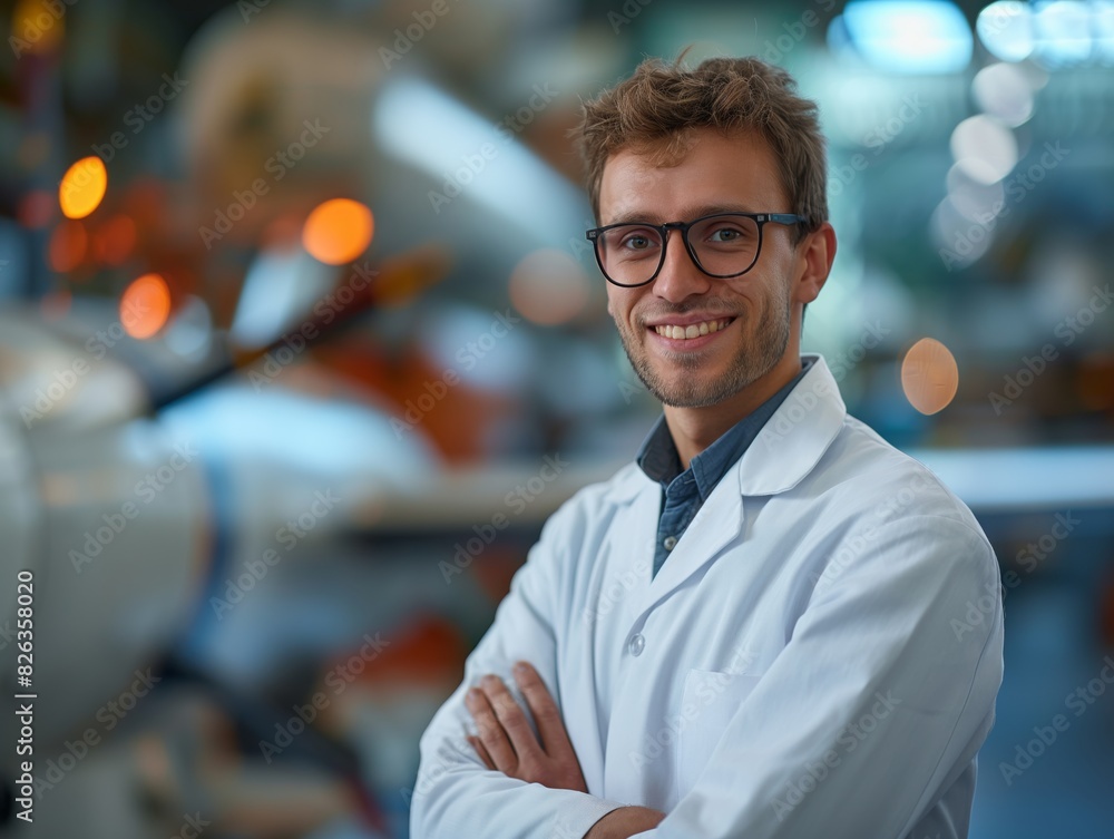 An Aerospace Engineer male wearing a lab coat , standing in front of a wind tunnel or aircraft model, smiling and looking into the camera An Aerospace Engineer male wearing a lab coat , standing in front of a wind tunnel or aircraft model, smiling and looking into the camera