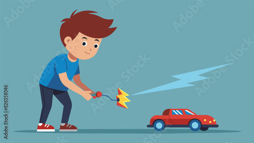 A young boy carefully navigating a remotecontrolled car impressed by its lightningfast speed and precision.. Vector illustration