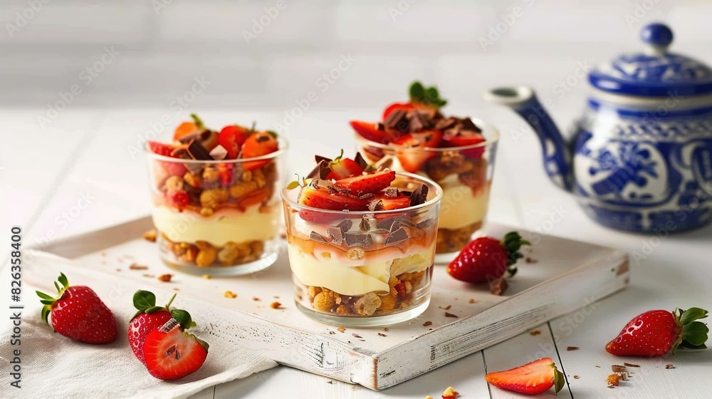 Three desserts on a tray with strawberries adjacent to a teapot in the backdrop Three desserts on a tray with strawberries adjacent to a teapot in the backdrop