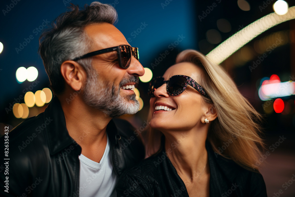 Romantic middle aged couple spending time together walking at night generative AI Romantic middle aged couple spending time together walking at night generative AI