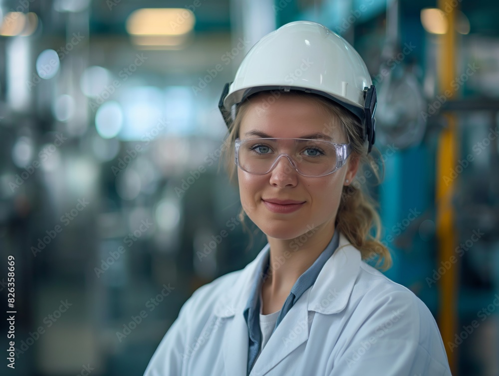 A Mechanical Engineer female wearing safety gear and lab coat, standing in front of machinery or mechanical equipment, smiling A Mechanical Engineer female wearing safety gear and lab coat, standing in front of machinery or mechanical equipment, smiling