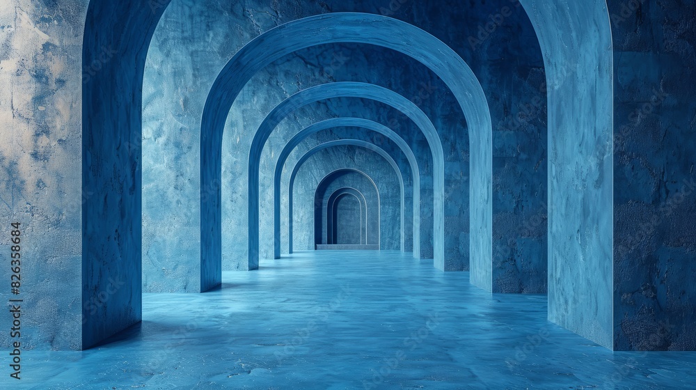 Naklejka premium Abstraction, futuristic background, concrete arch. Night view of the tunnel, portal. Staircase up.