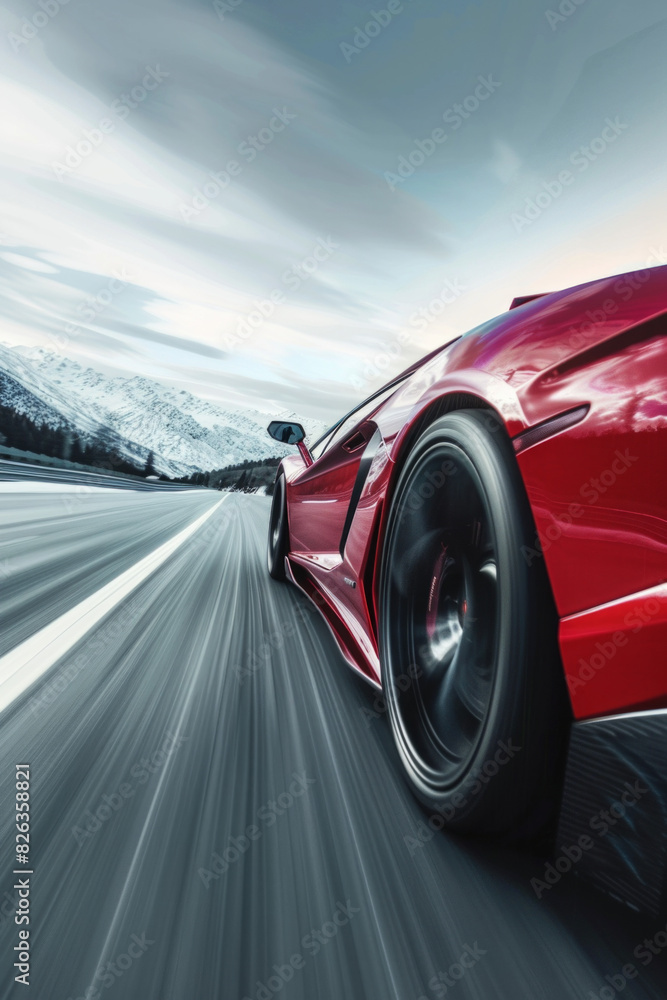 A sports car accelerating on a highway, captured from a low angle towards the front, with the car sharp and the road and landscape blurred to show speed. A sports car accelerating on a highway, captured from a low angle towards the front, with the car sharp and the road and landscape blurred to show speed.