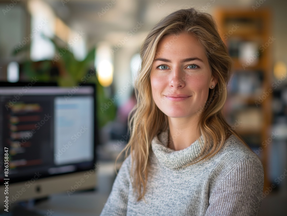 Fototapeta premium A Web Developer female wearing casual, standing in front of a computer screen displaying a website or coding environment, smiling