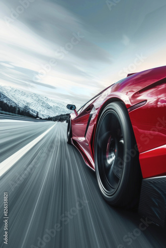 A sports car accelerating on a highway, captured from a low angle towards the front, with the car sharp and the road and landscape blurred to show speed. © grey