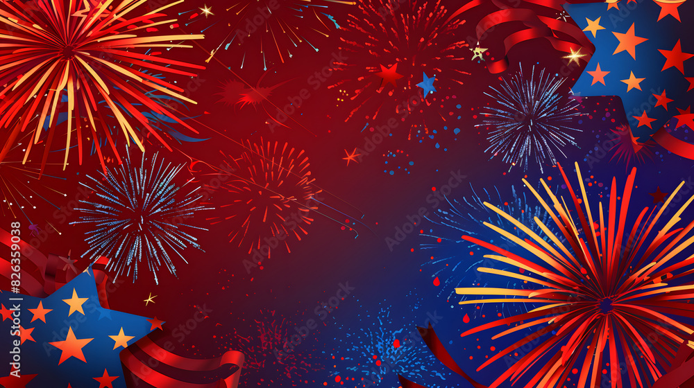A red, blue and yellow background with fireworks and stars, 4th of July. A red, blue and yellow background with fireworks and stars, 4th of July.