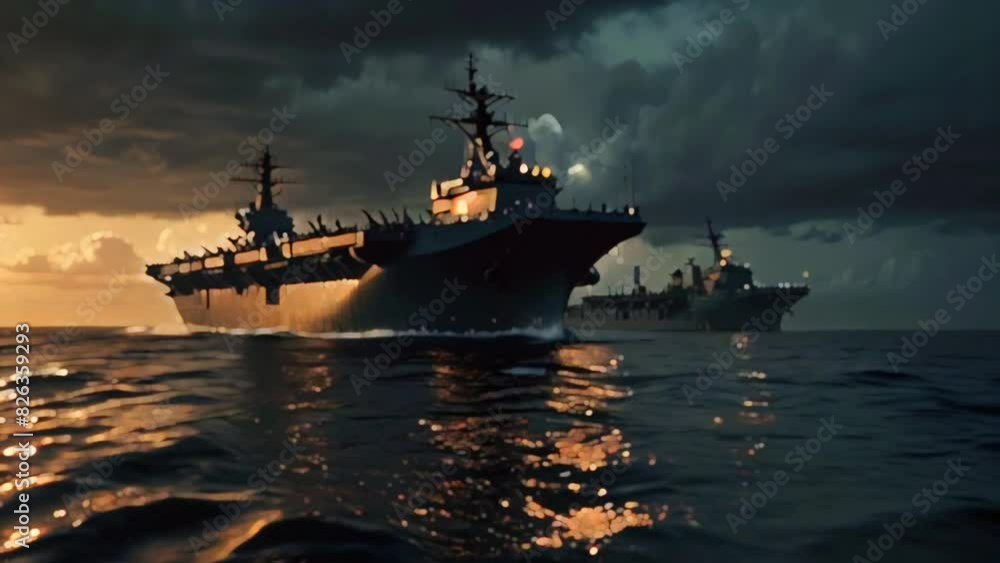 Experience the strength of naval forces as a line of state-of-the-art battleships patrol the Baltic Sea under clear skies, symbolizing the prowess of modern technology, maritime security
