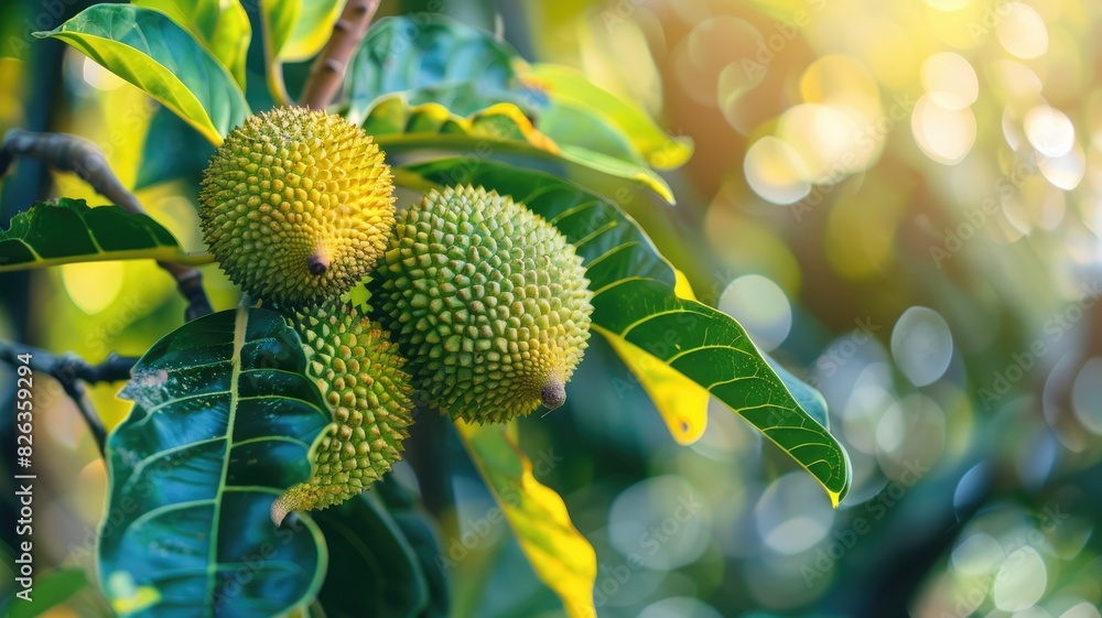 Close-up of two breadfruits on tree with lush green leaves in sunlight Close-up of two breadfruits on tree with lush green leaves in sunlight