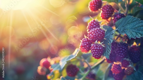 Ripe blackberries on vibrant green bush bathed in sunlight photo