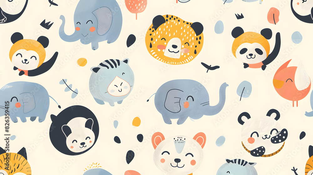 A colorful pattern of animals with smiling faces A colorful pattern of animals with smiling faces