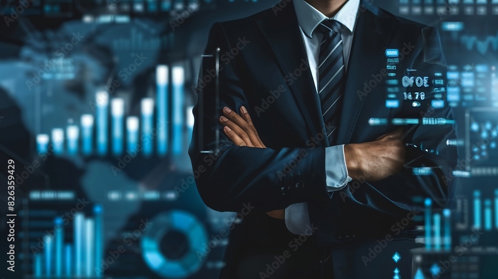 A consultant in a business suit, double exposure effect blending with charts and graphs, emphasizing strategic thinking and expertise A consultant in a business suit, double exposure effect blending with charts and graphs, emphasizing strategic thinking and expertise