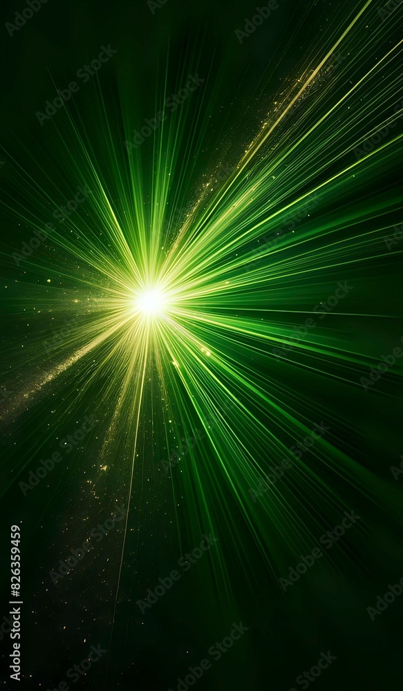 Asymmetric burst of green rays of light on a dark green background with green, yellow and gold sparkles Asymmetric burst of green rays of light on a dark green background with green, yellow and gold sparkles