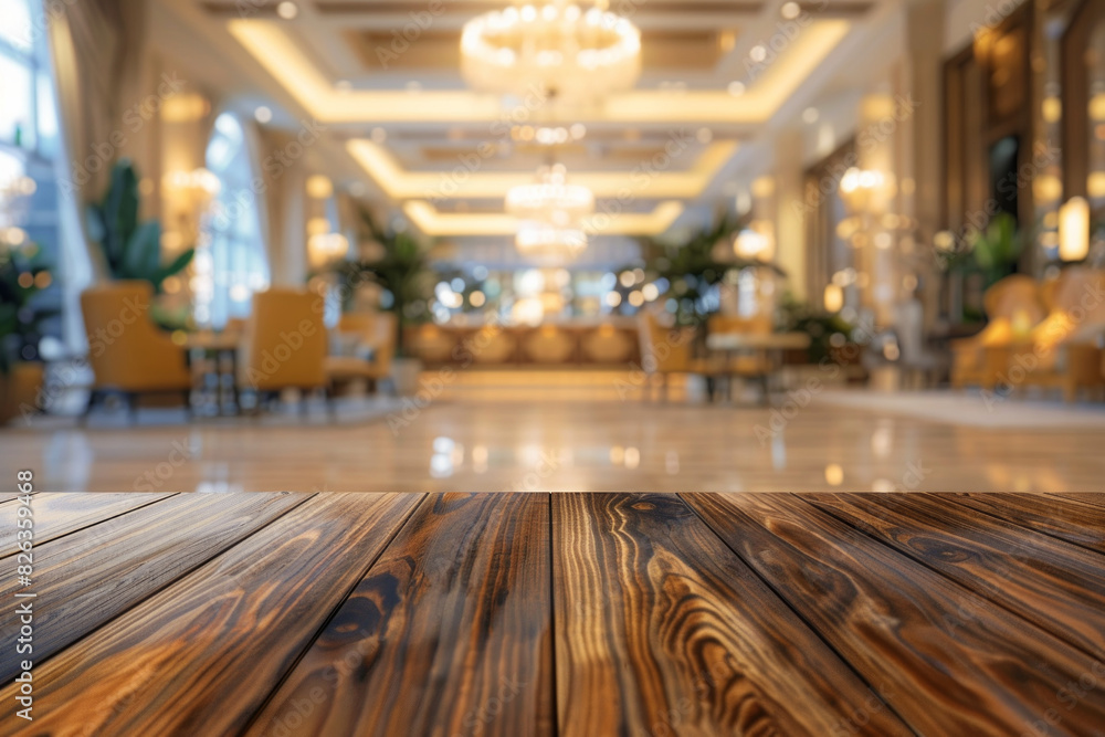 A polished wooden table in the foreground with a blurred background of a luxury hotel lobby. The background includes plush seating, elegant decors, a large chandelier, and a reception desk. A polished wooden table in the foreground with a blurred background of a luxury hotel lobby. The background includes plush seating, elegant decors, a large chandelier, and a reception desk.