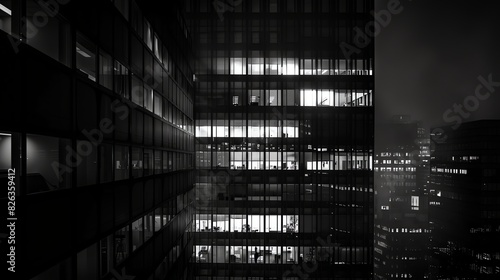 The dark and moody exterior of a modern office building at night.