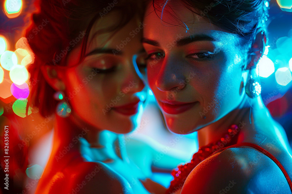 Obraz premium Generative AI illustration of happy people young couple enjoy weekend party in club