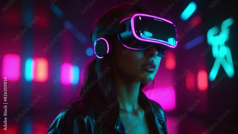 A woman wearing a virtual reality headset with pink and blue lights reflecting off of it A woman wearing a virtual reality headset with pink and blue lights reflecting off of it