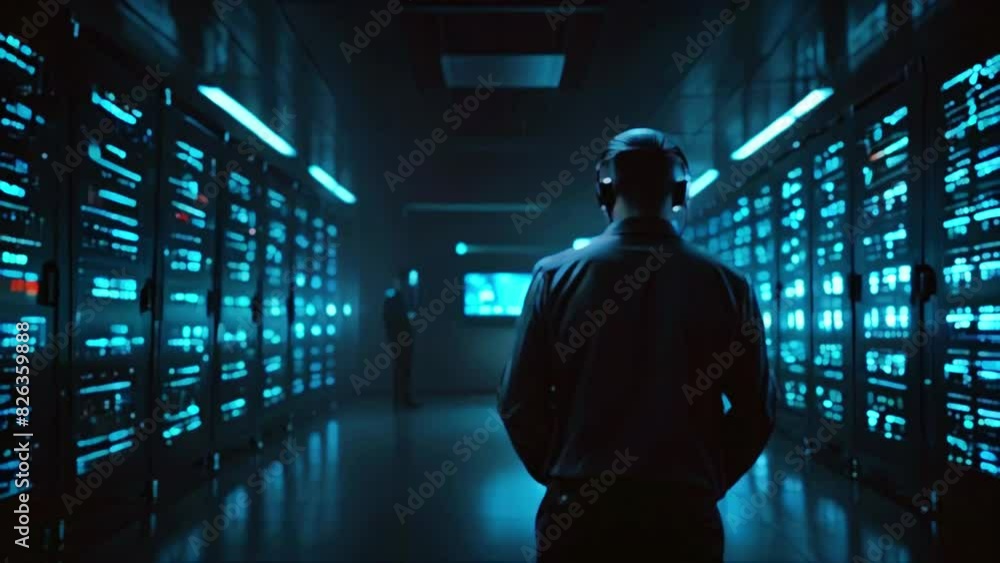 Marvel at the precision of an IT specialist as they stand near a server in a server room, meticulously analyzing its performance to maintain seamless operations. Marvel at the precision of an IT specialist as they stand near a server in a server room, meticulously analyzing its performance to maintain seamless operations.